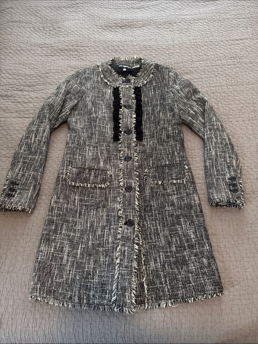 Karl Lagerfeld Paris Tweed Fringe Ruffle Coat
